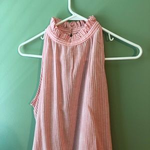 Pink Seer-Sucker Ruffle Neckline Shirt S NWOT